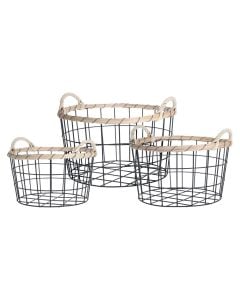 Kosh organizimi set, 3 copë, metal/bambu, e zezë, L-34.5xH18.5cm; M-30xH17cm; S-26xH14.5 cm
