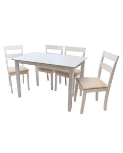 Tavolinë ngrënie + 4 karrige, Dallas, syprinë mdf, këmbë mdf 50mm, ulëse tekstili, e bardhë, tavolina: 120x72xH73.8 xm; karrige: 43.5x47.5xH89 cm