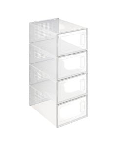 Modular shoe rack "Stak" in transparent plastic material, 4 modules. Dimensions, H : 56 cm, W : 23.2 cm, D : 33.5 cm.