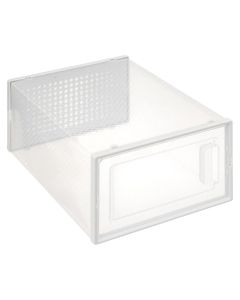 Modular shoe rack "Stak" in transparent plastic material. Dimensions, H : 18.5 cm, W : 25 cm, D : 35 cm.