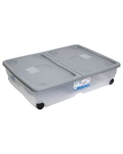 Storage box with wheels, plastic, transparent/ grey, 64 lt, 80x60xH18 cm