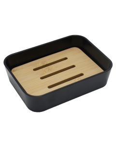 Mbajtëse sapuni, plastik/bambu, e zezë, 12x8.5xH3cm