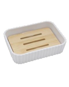 Soap holder, plastic/bamboo, white, 12x8.5xH3cm