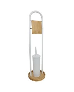 Toilet brush and toilet paper holder, metal/bamboo, white, 22xH80cm