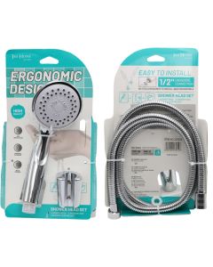 Shower head with holder, Round, Plastic, Silver, Universal