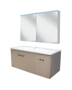 Toilet furniture set ''Isto'' wall hung in MDV PVC coated. Dimensions : H 50 cm x W 120 cm x D 51 cm. LED Mirror : H 70 cm x W 110 cm x D 14 cm
