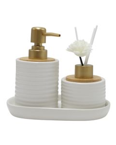 Bathroom accessory set, ceramic, bamboo, white, 17x10xH15 cm