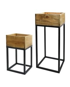 Flower pot, set 2 pieces, metal/wooden, brown/black, 17xH34 cm; 22xH54 cm