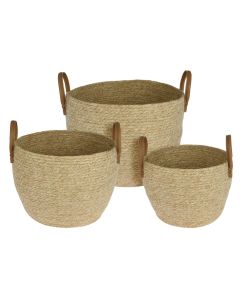 Shportë, set 3 copë, me doreza, poliuretani, kafe, 24x24xH18 cm; 28x28xH22 cm; 32x32xH24 cm