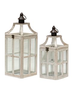Decorative lantern set, 2 pieces, metal/glass, White, S-15xH34cm, M-20xH51 cm