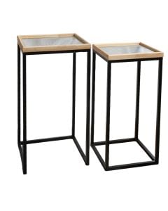 Side table set ''Kanala'', 2 pieces, metal/glass/wooden, black/brown, 30x30xH65 cm; 35x35xH70 cm