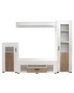 TV stand, melamine, white/sonoma, 260x43/34xH180 cm
