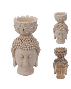Candle holder, polyresin, beige, brown, buddha, H15.8 x W8 x D8 cm