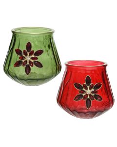 Mbajtëse qiriu, qelq, jeshile/ e kuqe, Dia.11xH10.5 cm