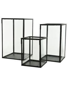 Mbajtëse qiriri, set 3 copë, qelq, e zezë, 24x24xH40.5 cm