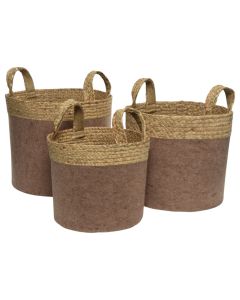 Shporta dekoruese, set 3 copë, kashtë, rozë velvet, dia38xH33 cm