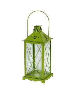 Candle holder, metallic and glass, green, 14x14xH34 cm