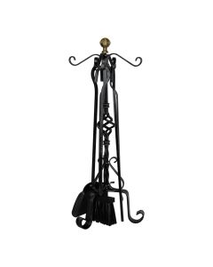Set with 4 pieces of fireplace accessories: shovel, brush, poker and stand, 24x63cm, antique brass