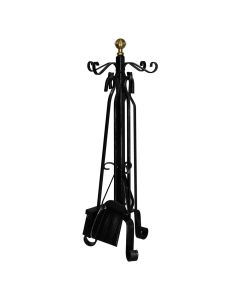 Set with 4 pieces of fireplace accessories: shovel, brush, poker and stand, 25x67cm, antique brass