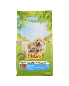 Ushqim per qen, Friskies, Junior, 1.5 kg, mish pule, qumesht dhe perime