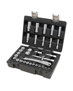 Set profesional me kriket dhe aksesorë, Beta, 33 copë, 3/8", Cr-V, kokë kriketi 6-7-8-9-10-11-12-13-14-15-16-17-18-19-20-21-22-24, 2 zgjatues 3/8", kriket i gjatë 8-9-10-12-13-14-17-19 mm