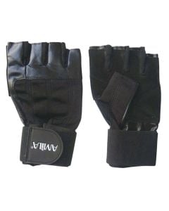 Gym gloves, Amila, leather, size S, black color, with wristbands