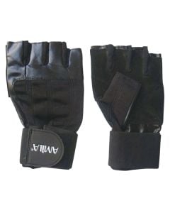 Gym gloves, Amila, leather, size L, black color, with wristbands