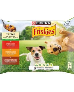 Snack për qen, Friskies, Dog Adult, 4x85 g, 2 me mish viçi dhe karrotë, 1 me mish pule dhe 1 me mish qingji dhe bizele