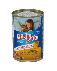 Ushqim për mace, Miglior Gatto, 405gr, me mish pule dhe gjeli