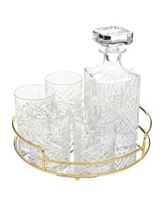 Bottle of whiskey with 6 glasses, glass, transparent, 22.5 x 9 x  H. 9 cm