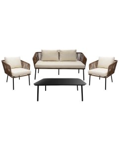 Set Toskana Living, 2 kolltuk tek + 1 kolltuk dopjo + 1 tavolinë, celik / thurje PE, strukture atrazit, thurrje kafe, shilte bezhe , W70xD70xH70 cm/W152xD70xH70 cm/99x59x37 cm