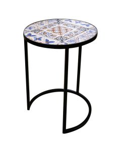 Mosaic side table, metal/ceramic, black frame, white/blue top, D35xH48 cm
