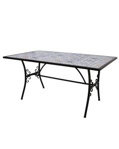 Mosaic table, metal/ceramic, black frame, white/blue top, 160x90xH75 cm