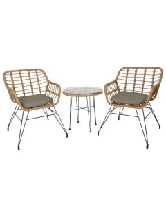 Set 2 karrige teke + 1 tavoline, metal/ratan PE, strukture e zeze, shilte gri e erret, 56x62xH81 cm, D50xH52 cm