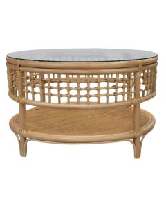 Circular coffee table, Oscar, rattan, tempered glass, natural color, D80xH47 cm