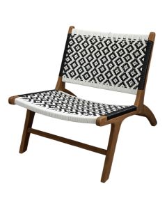 Relaxation chair, tropical Teak wood + synthetic rattan, natural color structure, white with black thread, 60x80xH69 cm