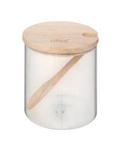 Sugar box, glass/wood
, transparent/natural, 
Dia. 8.6x11 cm
