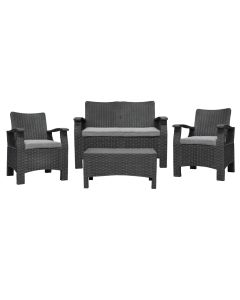 Set 2 kolltuk tek me shilte + 1 kolltuk dopjo me shilte + 1 tavolinë mesi, ratan plastik, strukture anthracit, shilte gri, teku 56x64xH89 cm / dopjo 56x118xH89 cm / tavolina 48x85xH42 cm