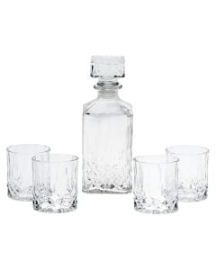 Bottle of whisky wih 4 glasses, glass, transparent, 9 x 9x H 23 cm