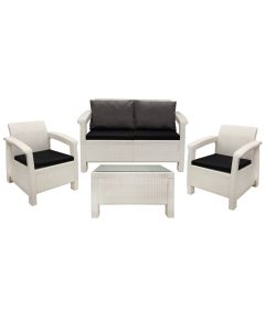 Set Novara 2 kolltuk tek + 1 kolltuk dopjo + 1 tavolinë mesi, ratan plastik, ngjyre e bardhe, teku 75x70x79cm, dopjo 128x70x79cm, tavolina 77x57x42cm