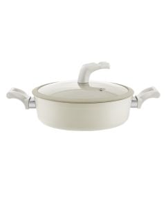 Tenxhere e cekët Vega me induksion me kapak qelqi dhe shtresë kundër ngjitjes qeramike, alumin, krem, 3.55L / Dia. 26 x H 7.5 cm