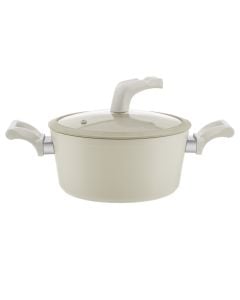 Tenxhere Vega me induksion me kapak qelqi dhe shtresë kundër ngjitjes qeramike, alumin, krem, 4.35L / Dia. 24 x H 11 cm