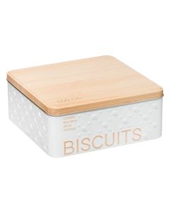 Cookie box Scandi, steel/bamboo, white/natural, 20.2x20.2x24 cm