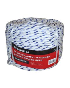 PP multifilament 16-strand Diaond Braided Rope,white with two blue,Size:10mmx220m