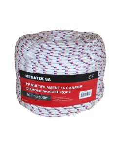 PP multifilament 16-strand Diaond Braided Rope,white with one blue and one red,Size:10mmx200m