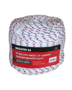 PP multifilament 16-strand Diaond Braided Rope,white with one blue and one red,Size:12mmx100m