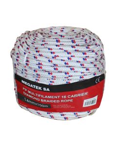PP multifilament 16-strand Diaond Braided Rope,white with one blue and one red,Size:14mmx110m