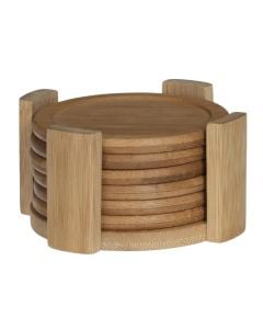 Coasters and holder, 6 pcs, bamboo, natural, ø11.5 xH6.3 cm