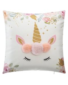 Jastek dekorues per femije, Unicorn, poliester, 40x40 cm, roze dhe e bardhe, 1 cope