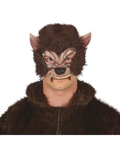Halloween mask, wolf with hair, latex, brown, 1 piece